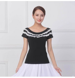 Black with white ruffles latin ballroom dance tops for women waltz tango flamenco dancing blouses shirts 